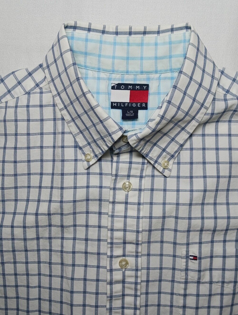 Vintage Tommy Hilfiger Mens Short Sleeve Button Down Shirt Large Blue Check